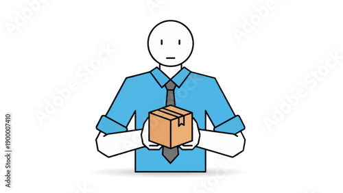Man in blue shirt holding cardboard box.