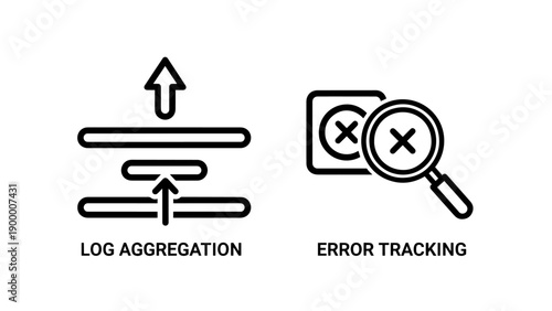 Log aggregation and error tracking icons: layered data upload for logging, magnifying glass over error message for tracking, IT management, system monitoring, troubleshooting, data analysis, debugging