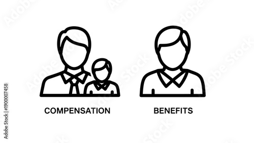 Compensation and benefits icons: family and individual figures for compensation, single figure for benefits, human resources, employee benefits, salary package, job offer, HR, personnel, rewards, work