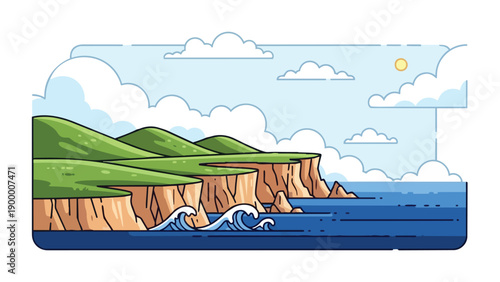 Stylized coastal panorama showcasing green hills, dramatic cliffs, and active ocean waves