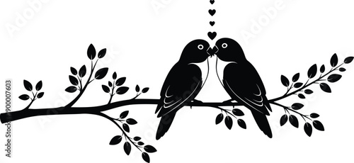 Black Silhouette Vector Illustration of Two Love Birds Sitting on a Tree Branch with Heart Symbols for Romantic Wedding and Valentines Day Designs