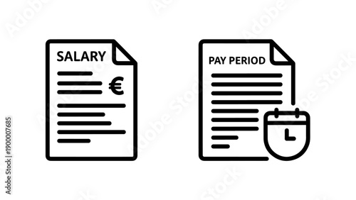Salary and Pay Period Icons: Document with Euro Sign and Document with Clock and Calendar