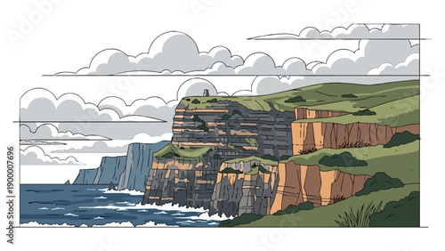 A captivating illustrated vista of majestic ocean cliffs under a dynamic cloudy sky, showcasing the rugged beauty of coastal landforms and the