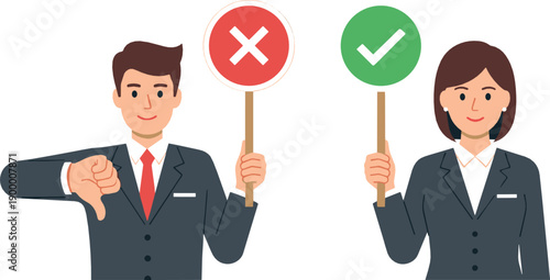 Business man and woman holding correct and wrong signs, decision and approval concept, modern flat vector illustration for management, evaluation and feedback design