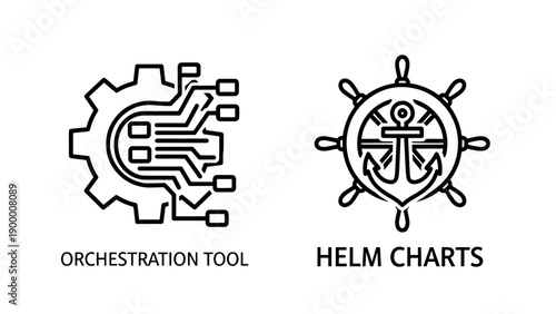 Orchestration tool and Helm charts icons for managing Kubernetes deployments and application deployment
