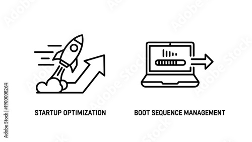 Startup optimization and boot sequence management icons: Rocket launching for startup, progress bar on laptop for boot speed.