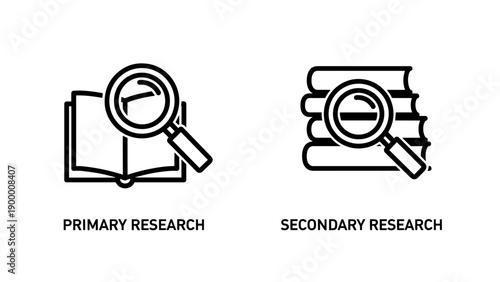 Research icons: Magnifying glass over open book for primary research, books with magnifying glass for secondary research. Study and information gathering.