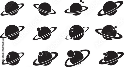 planet planetary ring black icons set vector illustration silhouette design 