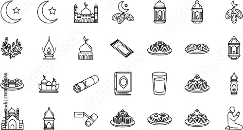 Ramadan Icons Set: Islamic Culture  Tradition Symbols. Line Art Vector Collection with Mosque, Dates, Lantern, Quran, Baklava, Prayer