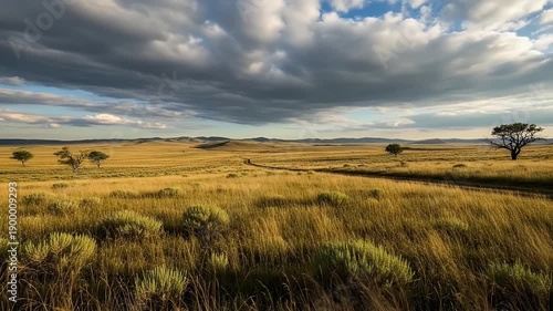 Golden savannah landscape at sunset under dramatic cloudy sky