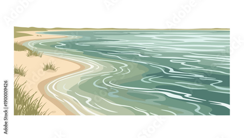 A serene coastal landscape illustration depicting tranquil ocean waves gently embracing a sandy shoreline adorned with sparse beach grass under an