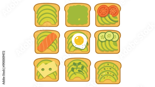 A variety of toast with different toppings on a white background