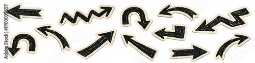 Collection of hand-drawn black charcoal arrows in sticker style with beige borders and shadows. Various shapes for graphic design and navigation.