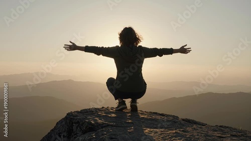 Person Embracing Nature at Sunrise on Mountain Peak
