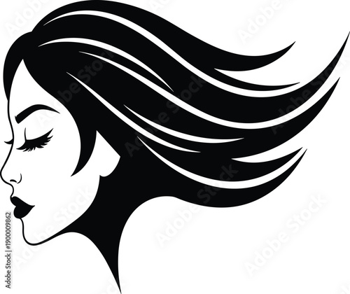 Elegant Black Silhouette Vector Illustration of a Beautiful Woman Profile with Long Flowing Hair for Beauty Salon and Fashion Designs