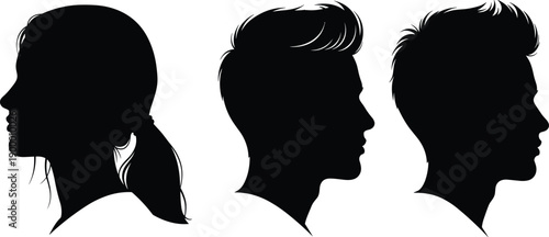 Set of Black Silhouette Vector Illustrations Featuring One Woman and Two Men Profiles with Modern Hairstyles for Barber Shop Designs