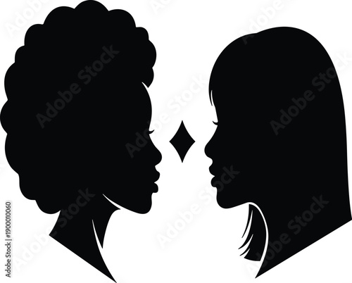 Set of Black Silhouette Vector Illustrations Featuring Two Women Profiles with Different Hairstyles Facing Each Other for Beauty Graphic Designs