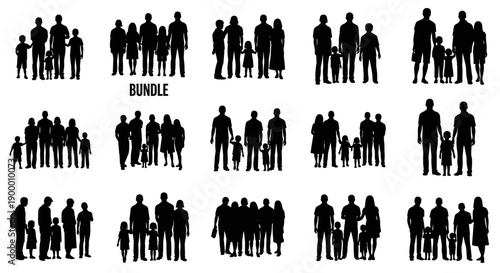 Extensive collection of black human silhouettes, depicting diverse groups of people including adults and children, representing families, communities, and social interaction