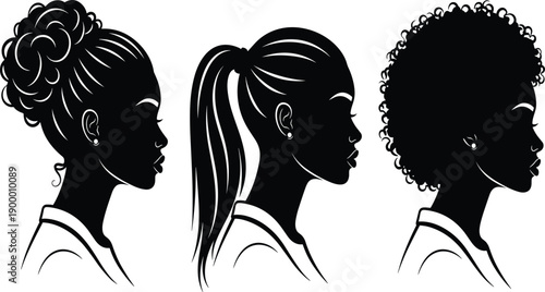 Set of Black Silhouette Vector Illustrations Featuring Women Profiles with Different Hairstyles Including Curly Bun Ponytail and Afro for Beauty