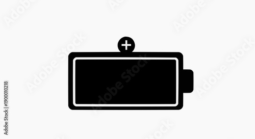 Black battery icon with plus sign and white outline on white background symbolizing power and energy storage