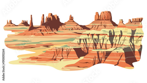 Stylized desert panorama artwork featuring majestic sandstone formations and towering buttes. This illustration captures the serene beauty of arid