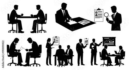 Diverse collection of business professional silhouettes depicting human resources processes, including job interviews, team meetings, and strategic office discussions