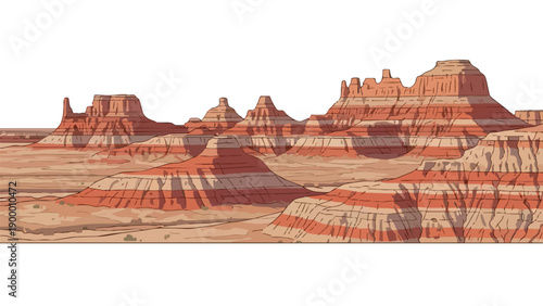 Striking graphic illustration of a vast arid desert landscape featuring unique layered rock formations and grand mesas under an expansive sky
