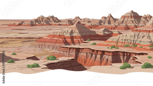 An expansive illustration of a rugged desert landscape featuring majestic layered rock formations, deep ravines, and scattered resilient scrub
