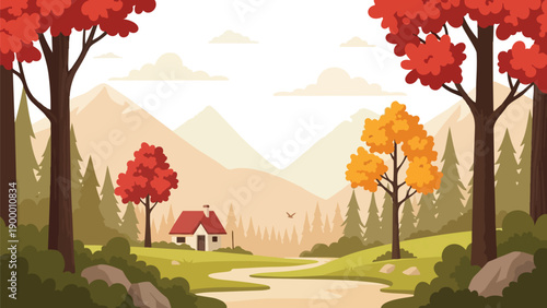 A serene autumnal landscape illustration featuring a charming cabin nestled among vibrant fall foliage, majestic mountains, and a winding path