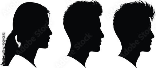 Set of Black Silhouette Vector Illustrations Featuring One Woman and Two Men Profiles with Modern Hairstyles for Barber Shop Designs