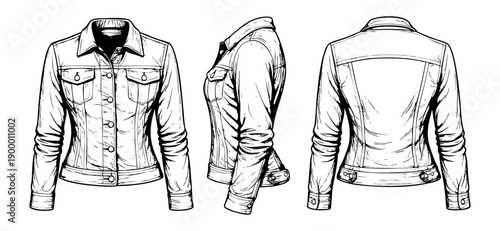 Women denim jacket illustration set with front, side and back views mock-up