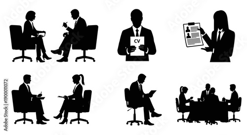 Silhouettes of business people in interview, meeting, and discussion settings showcasing professional interactions and workplace scenarios