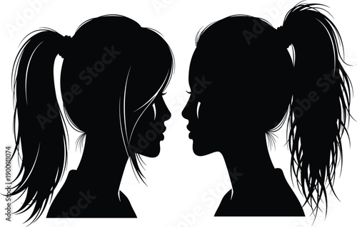 Set of Black Silhouette Vector Illustrations Featuring Two Women Profiles with High Ponytail Hairstyles Facing Each Other for Beauty Designs