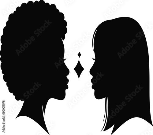 Set of Black Silhouette Vector Illustrations Featuring Two Women Profiles with Different Hairstyles Facing Each Other for Beauty Graphic Designs