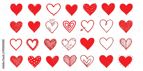 A delightful collection of red hearts in various hand-drawn styles, set against a clean white background