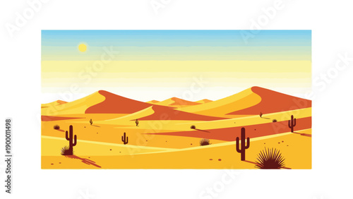 Stylized desert illustration with rolling golden sand dunes, iconic saguaro cacti, and sparse arid vegetation under a bright, gradient sky with a
