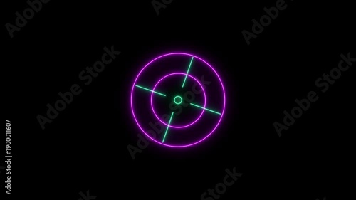A vibrant neon target reticle with crosshairs glows purple and green against a stark black background, representing focus and precision.