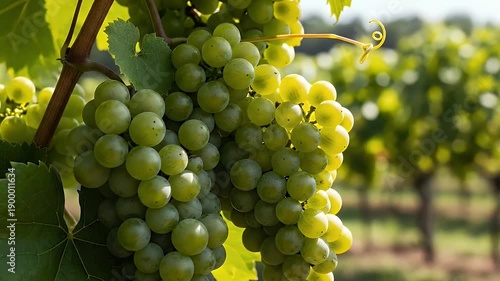 green grape cluster on vine in sunlit vineyard