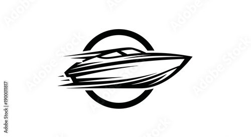 Dynamic black silhouette of a speed boat inside a circular frame, emphasizing fast motion and marine sport, isolated white background.