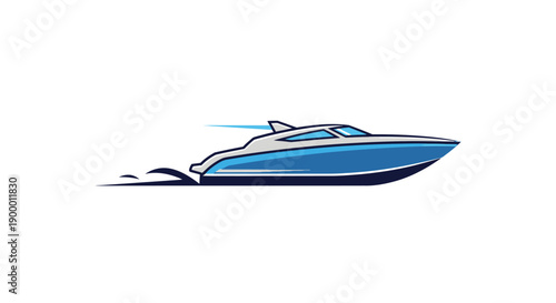 Modern blue speed boat leaving a white wake behind as it cruises fast across the water, vector on an isolated white background.