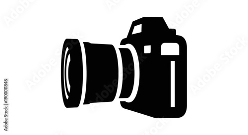 Black silhouette of a professional DSLR camera with a prominent lens, perfect for photography concepts, isolated white background.