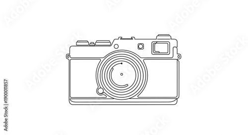 Detailed line art illustration of a classic vintage camera, showcasing a retro photography concept on an isolated white background.