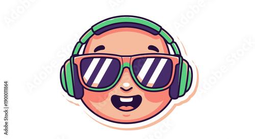 Happy Cartoon Character Head Wearing Green Headphones and Stylish Sunglasses, Smiling Playfully on Isolated White Background