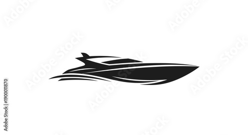 Stylish black silhouette of a modern speed boat or yacht, depicted in motion on an isolated white background.