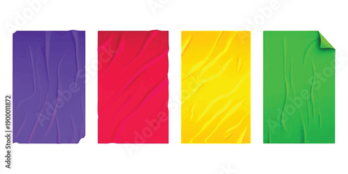 Four colorful wrinkled posters against a white background, suitable for a grunge design mockup