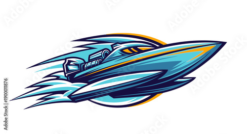 Dynamic blue and yellow speed boat racing fast with motion blur and water spray effect, vector illustration on isolated white background.