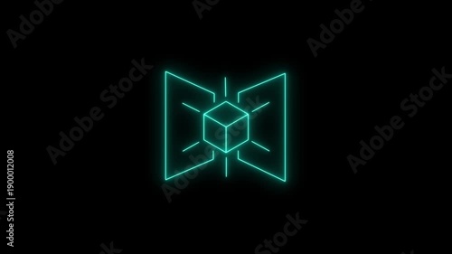 A glowing cyan geometric cube is centered within a futuristic network of lines on a black background, representing digital connection and innovation.