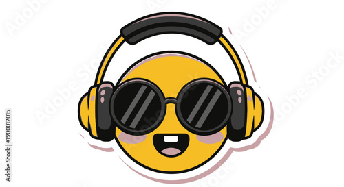 Cool Yellow Emoji with Headphones and Sunglasses, Smiling Happily on Isolated White Background
