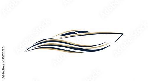 Elegant Speedboat Outline with Gold and Black Stripes, Dynamic Design on Isolated White Background
