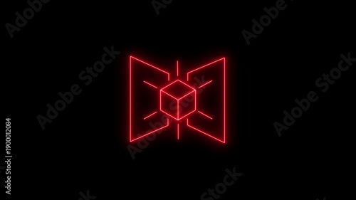 A vibrant red neon abstract geometric logo featuring a cube in the center, set against a stark black background. Evokes technology and innovation.